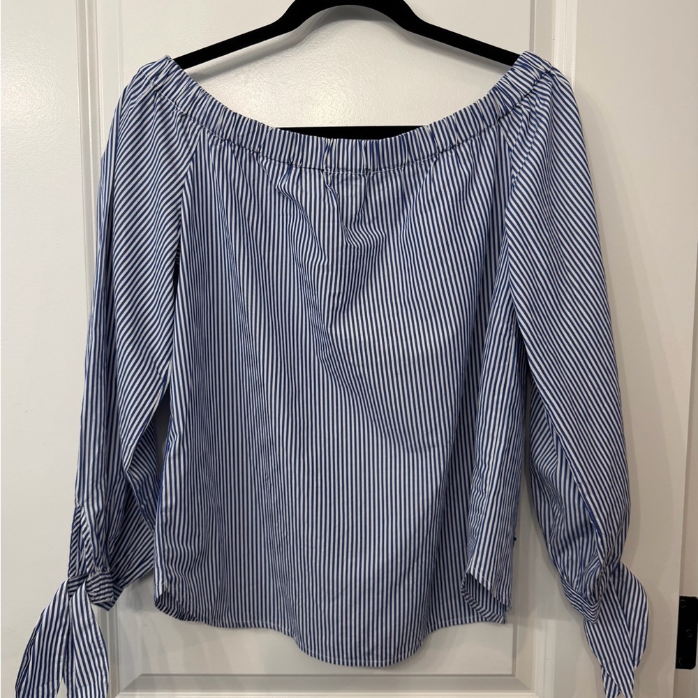 J. Crew Blue and White Striped Blouse with Green Beaded Embellishments - Picture 2 of 5